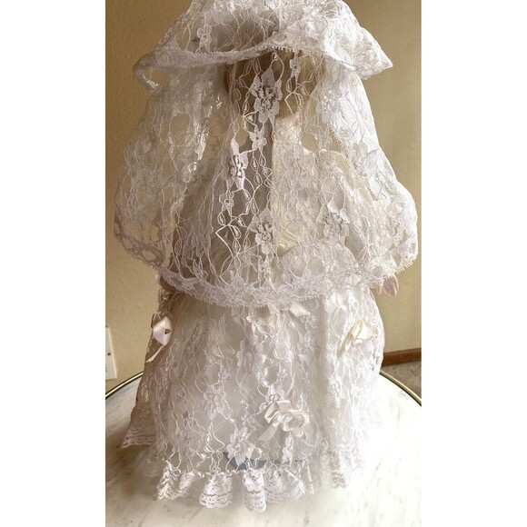 BRIDE Porcelain Doll Wedding Dress Veil Flowers Blonde Hair Blue Eyes Boots 17in - Picture 3 of 5